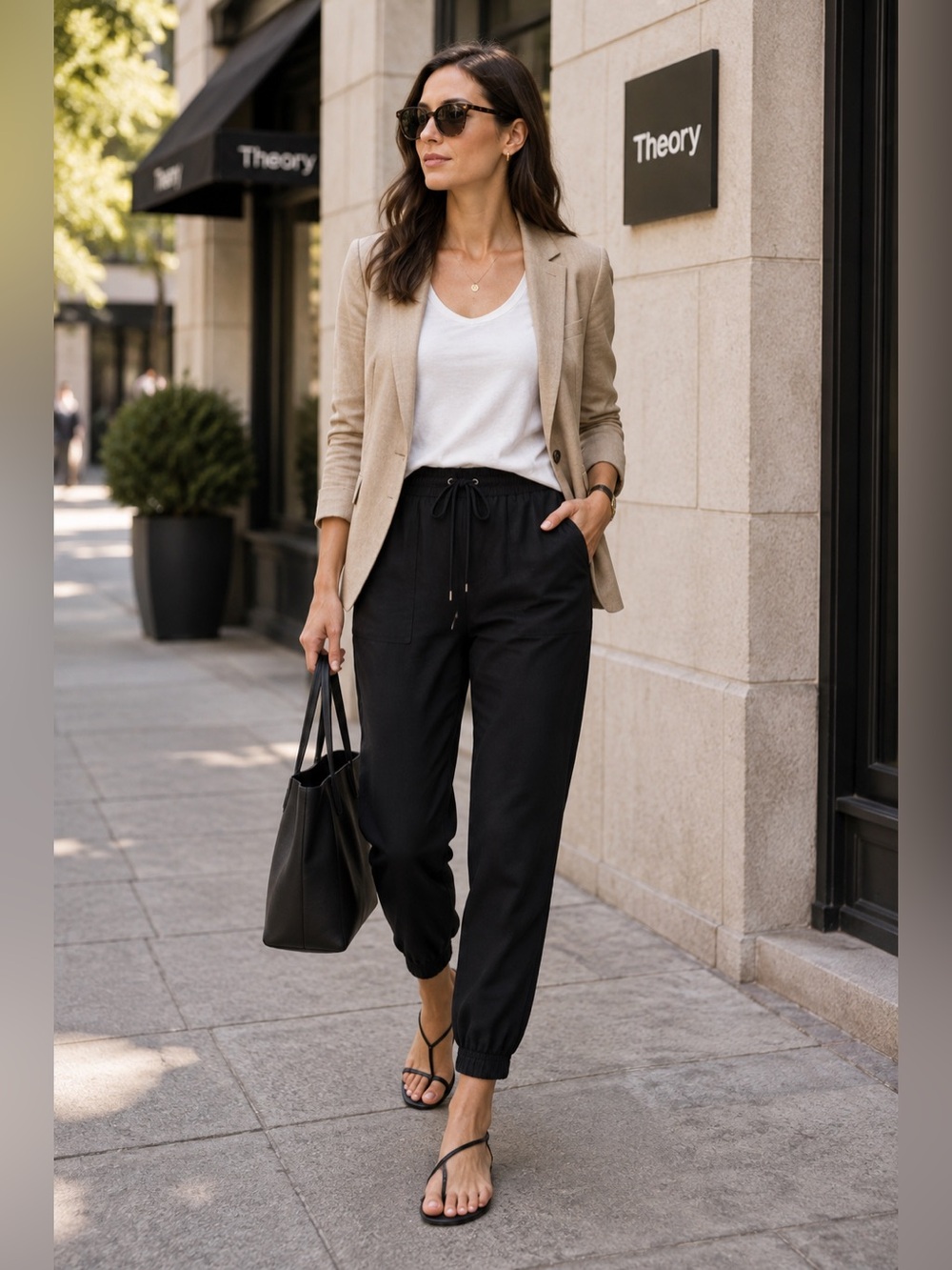 Theory Cortlandt Linen Blend Jogger Pants Black Size 8 Drawstring Relaxed